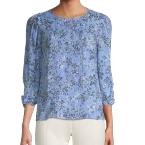 NANETTE Lepore Blue Floral Pleated 3/4 Sleeve Blouse Medium